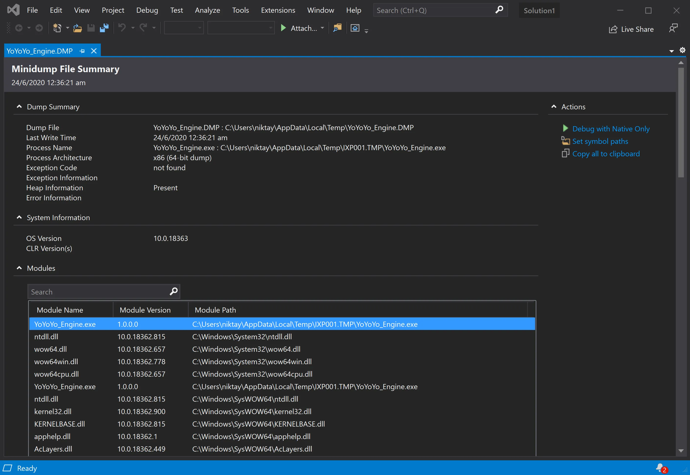 The memory dump in Visual Studio, showing YoYoYo_Engine.exe unpacked into the Temp directory in AppData