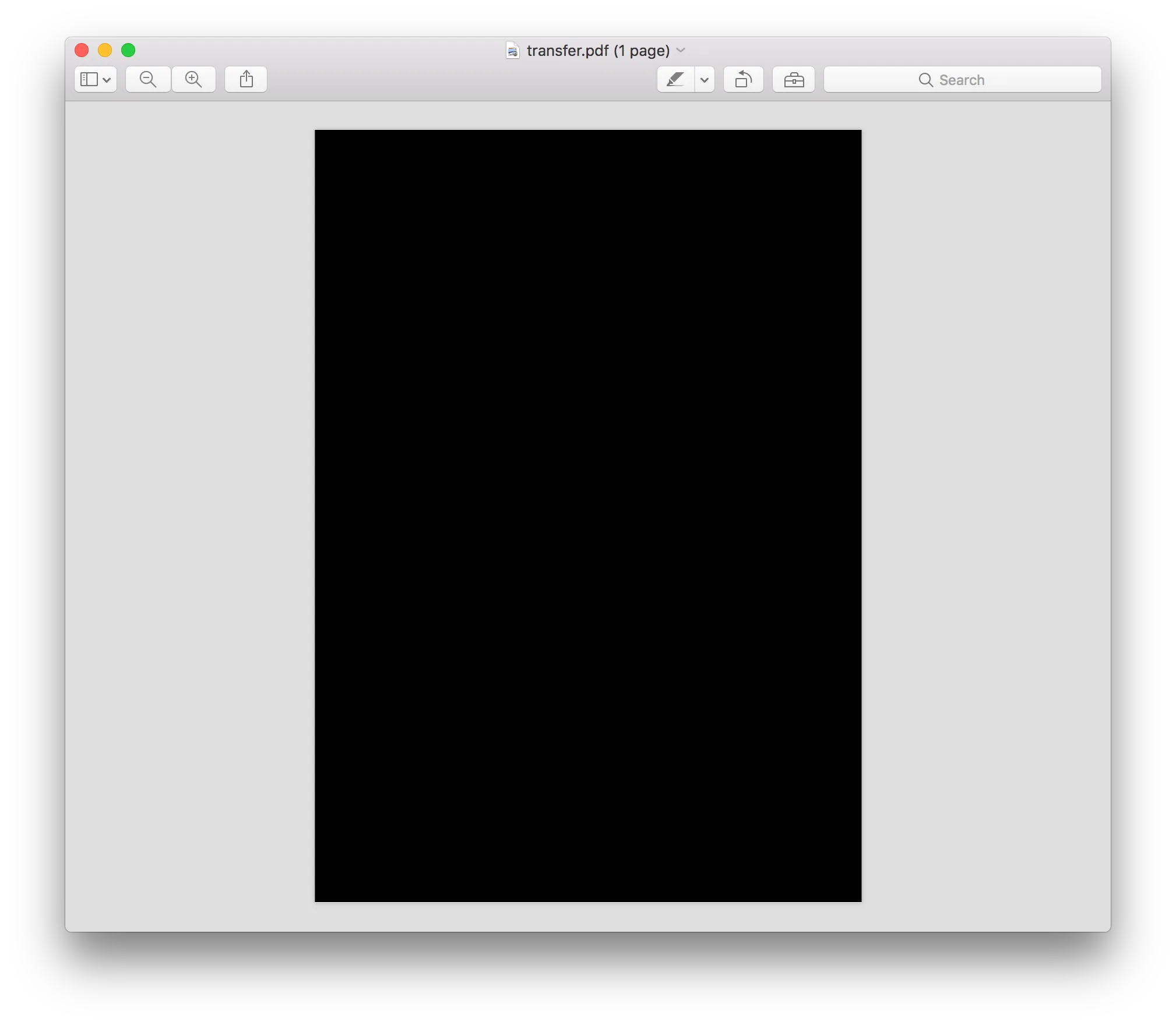 The PDF open in Preview, showing only a black page